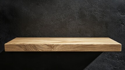 Poster - Wooden shelf with natural grain texture against dark background and copy space for product display or text placement.