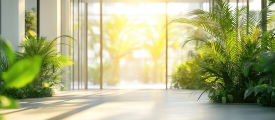 Poster - Luminous Greenery Embracing Open Office Space Bathed in Natural Light with Room for Text or Branding