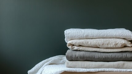 Poster - Stacked linen fabric in neutral colors against a dark green wall with copy space for text or branding.