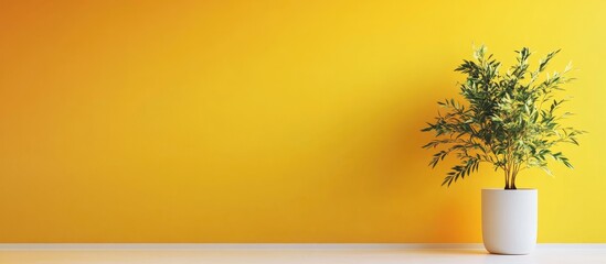 Aufkleber - Vibrant Yellow Minimalist Studio Background with Potted Plant and Copy Space for Text and Branding Opportunities