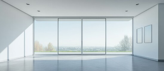 Aufkleber - Spacious modern living room with panoramic windows showcasing serene views and ample natural light ideal for contemporary interior design inspirations