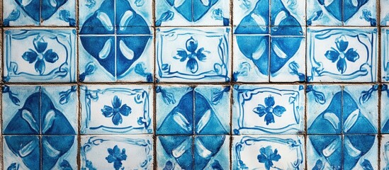 Aufkleber - Bright blue decorative tiles on textured background with ample space for text close-up view showcasing intricate patterns and designs