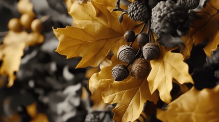 Poster - Yellow autumn leaves with acorns and pine cones in a natural arrangement on a blurred background Copy Space