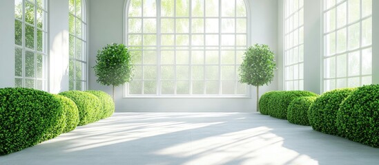 Poster - Spacious sunlit room with lush green boxwood plants and ample empty space for adding text or design elements