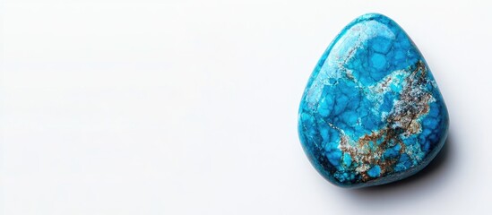 Poster - Bright blue chrysocolla gemstone on a clean white surface with ample space for text and design elements in a minimalist setting