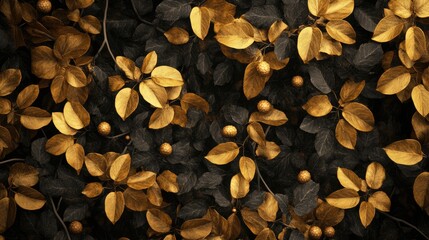 Poster - Golden foliage and black background design with textured leaves and berries, ideal for nature and decor themes, Copy Space available.