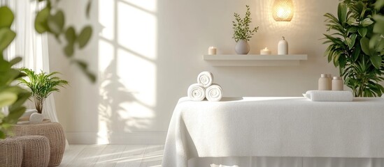 Poster - Serene Spa Treatment Room with Relaxing Atmosphere Comfortable Bed and Soft Lighting Ideal for Wellness and Relaxation Imagery