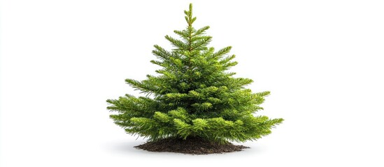 Poster - Green spruce fir tree isolated on white background showcasing vertical growth ideal for botanical sales and marketing with ample copy space.
