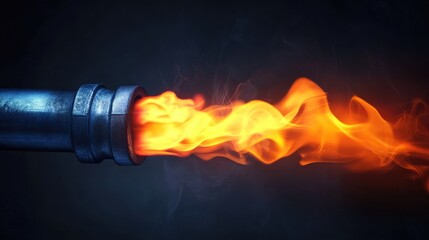 Poster - Industrial metal pipe with fire and flames coming out of the end on a dark background Copy Space