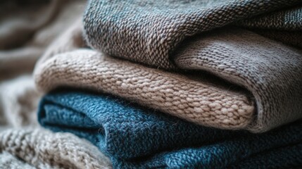 Poster - Textured folded woolen blankets in earthy tones of beige and blue arranged neatly with soft focus and Copy Space for text placement.