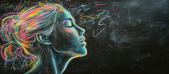 Aufkleber - Chalkboard art of a woman's profile with colorful chalk drawings and ample blank space for your text or design needs.
