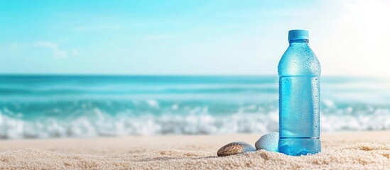 Poster - Blue beverage bottle on sandy beach with ocean waves in background providing ample copyspace for promotional text or advertising messages.