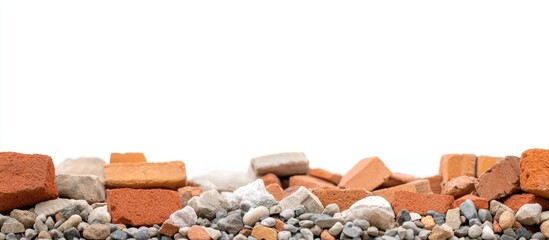 Poster - Construction materials and bricks arranged with empty space above for text or marketing messages in a clean white background.