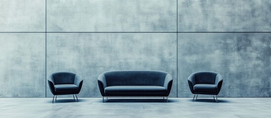 Poster - Modern Living Room Setting with Grey Couch and Armchairs Against a Blank Wall Providing Ample Copyspace for Design or Text Applications