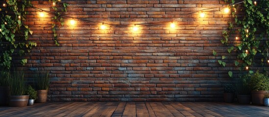 Poster - cozy interior with brick wall and string lights creating an inviting ambiance perfect for empty spac