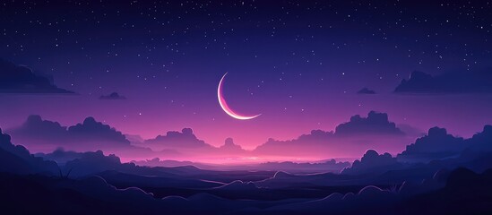 Aufkleber - Crescent Moon Illuminating Night Sky Above Cloudy Horizon with Peaceful Atmosphere and Space for Text or Design Elements