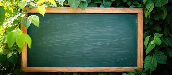 Aufkleber - Outdoor blackboard framed with wood surrounded by greenery blank space for writing educational content or messages in natural setting