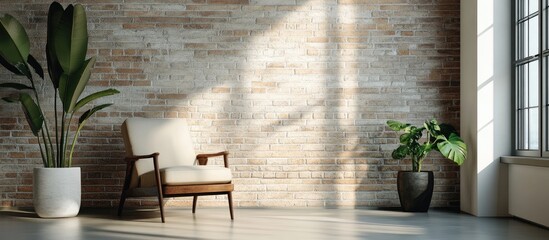 Aufkleber - Modern interior with a brick wall background featuring a stylish chair and plants ideal for showcasing text or design elements.