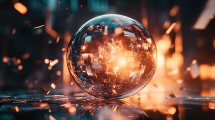 Poster - Glowing complex circuitry fills a futuristic sphere, radiating light particles in a dark environment, enhanced by vibrant orange and blue reflections creating an otherworldly atmosphere