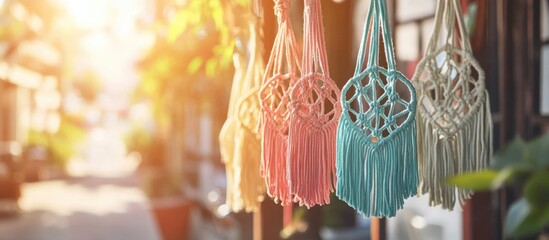 Poster - Bohemian Chic Macrame Plant Hangers Colorful Display in Sunny Urban Setting with Empty Copyspace for Creative Text Insertion