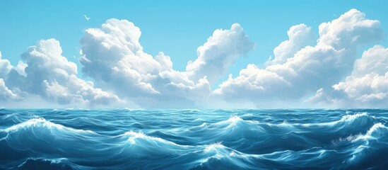 Aufkleber - Serene Ocean View Under a Bright Blue Sky with Fluffy Clouds Tranquil Waves and Ample Space for Custom Text or Branding