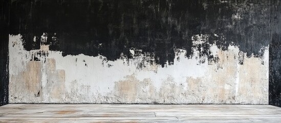 Aufkleber - Black Wall with Distressed White Surface and Textured Wooden Floor Ideal for Copyspace in Modern Minimalist Design Concepts