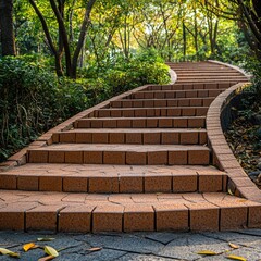 Poster - Curved brick stairs in a lush park landscape with greenery and city skyline ideal for landscape design and copy space for text.