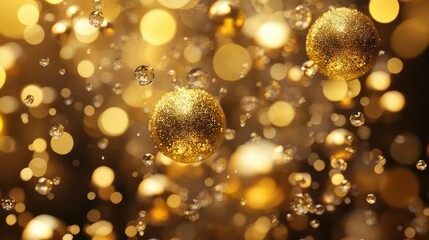 Aufkleber - Gold festive decorations with shimmering bokeh effect and sparkling water droplets, suitable for holiday themes with copy space.