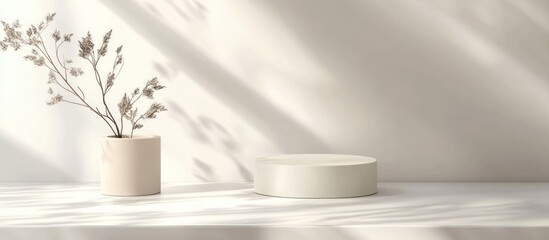 Aufkleber - Ecru Label Mockup on White Background with Minimalist Vase and Shadow Play Ideal for Branding or Product Presentation