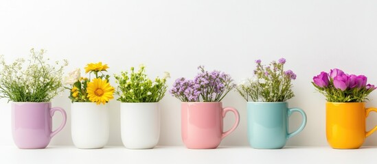 Poster - Colorful ceramic mugs filled with fresh flowers on white background and ample empty space for creative text or design elements