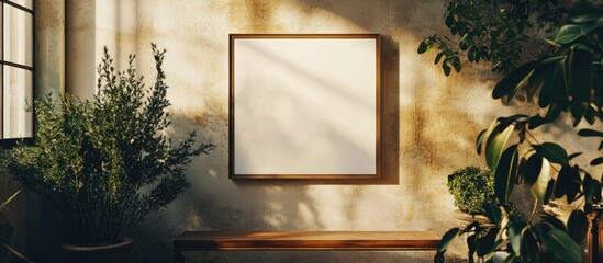 Poster - Empty Picture Frame Mockup with Natural Setting and Copyspace on Wall Ideal for Artwork Showcase or Text Placement