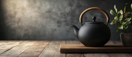 Aufkleber - Elegant black teapot with wooden handle displayed on rustic wooden table alongside potted plant and empty space for text or branding