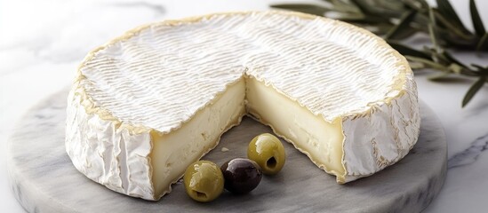 Aufkleber - Brie cheese and olives with Camembert on marble board showcasing gourmet pairing and empty space for text or branding