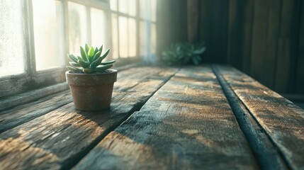 Aufkleber - Potted succulent on wooden table near window with soft sunlight illuminating the space and shadows creating texture Copy Space