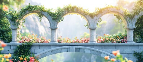 Poster - Arched bridge surrounded by vibrant flowers and greenery with a serene background and plenty of copy space for text or branding purposes