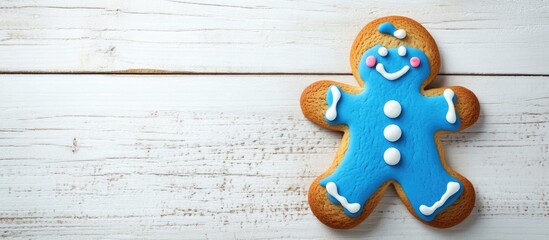 Poster - Blue Gingerbread Man Cookie on Rustic White Wooden Background with Empty Copyspace for Holiday Text or Greeting Messages