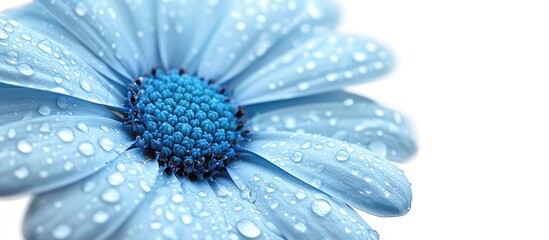 Aufkleber - Vibrant blue flower adorned with water droplets showcasing delicate petals and ample white space for text or branding purposes.