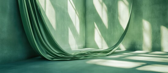 Poster - elegant green silk fabric draping in dynamic architecture with textured walls creating a luxurious b