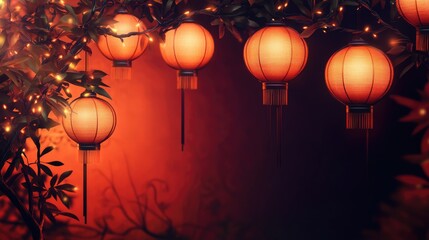 Poster - festive chinese lanterns glowing against a warm background with ample space for text or branding in 