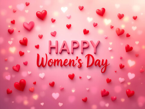 Happy Women's Day Illustration on Heart Filled Rose Color Background
