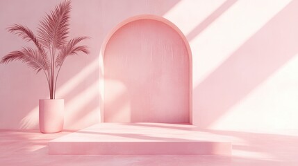 Poster - Pastel Minimalist Interior with Arch and Plant Soft Lighting and Copy Space for Text in Modern Design Concept