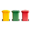© NORN - Recycling Bins: Three color-coded wheelie bins - yellow, green, and red - stand side-by-side, ready for waste sorting.  A clear and simple image for recycling and waste management concepts.