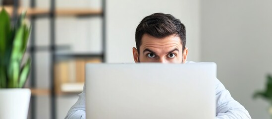 Aufkleber - Businessman Analyzing Cybersecurity Strategies with Laptop in Modern Office Environment and Blank Space for Text or Graphics