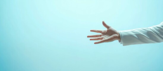 Fototapete - Businessman Hand Reaching Out to Virtual Holographic Interface with Blank Space for Text in Futuristic Professional Setting