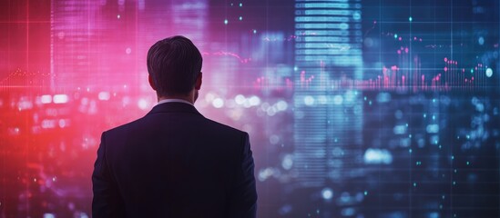 Aufkleber - Businessman observing financial data trends with urban skyline backdrop and empty space for text or graphics