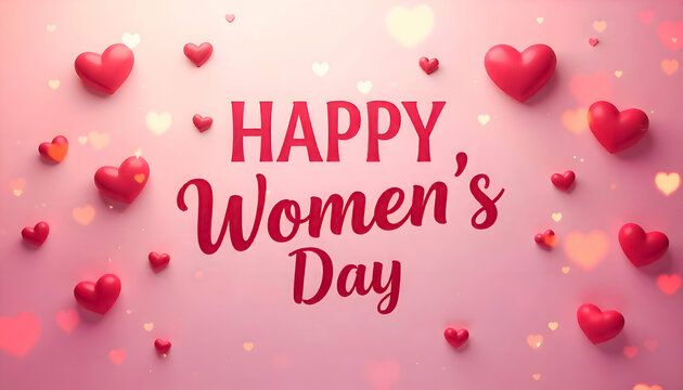 Happy Women's Day Illustration on Heart Filled Rose Color Background
