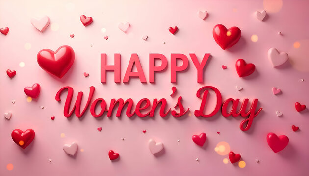 Happy Women's Day Illustration on Heart Filled Rose Color Background
