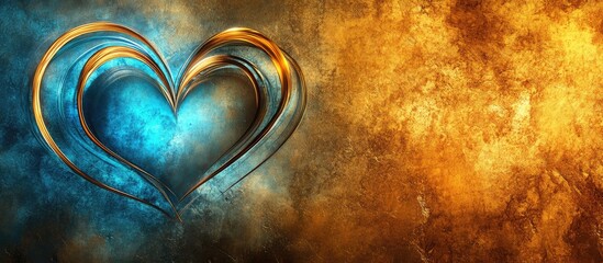 Poster - Abstract metallic gold and bronze backdrop featuring vivid blue neon heart design and ample copyspace perfect for creative text placement