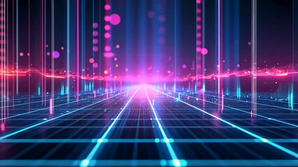 Poster - Video with a mesmerizing digital world with a futuristic cityscape illuminated by vibrant glowing lines and dots in shades of blue, purple, and pink. The dynamic composition exudes movement