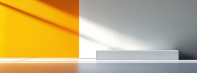Poster - Minimalist White Platform Display with Sunlight on Yellow and White Wall Background